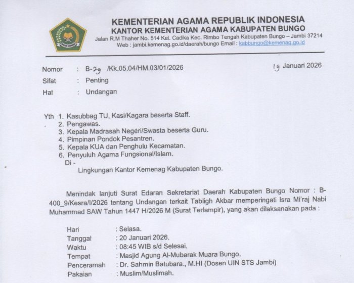 Kepala MIN 1 Bungo Sampaikan Surat Edaran Kemenag Terkait Peringatan Isra Mikraj Pemkab Bungo