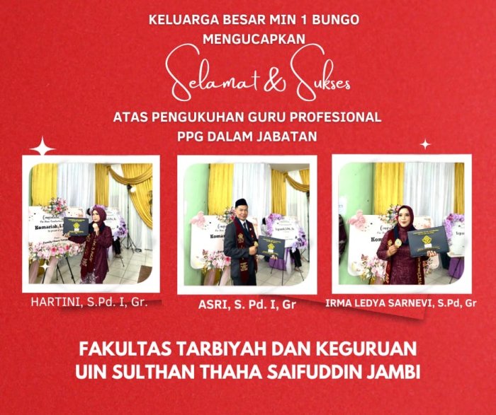 Tiga Guru MIN 1 Bungo Resmi Selesaikan PPG, Kepala Madrasah Ucapkan Selamat